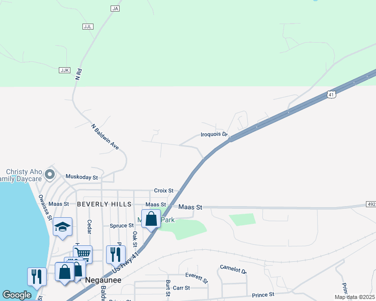 map of restaurants, bars, coffee shops, grocery stores, and more near 101-145 Chippewa Drive in Negaunee