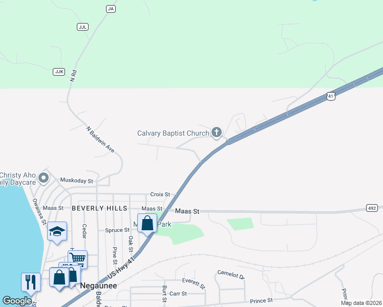 map of restaurants, bars, coffee shops, grocery stores, and more near 100-134 Chippewa Dr in Negaunee