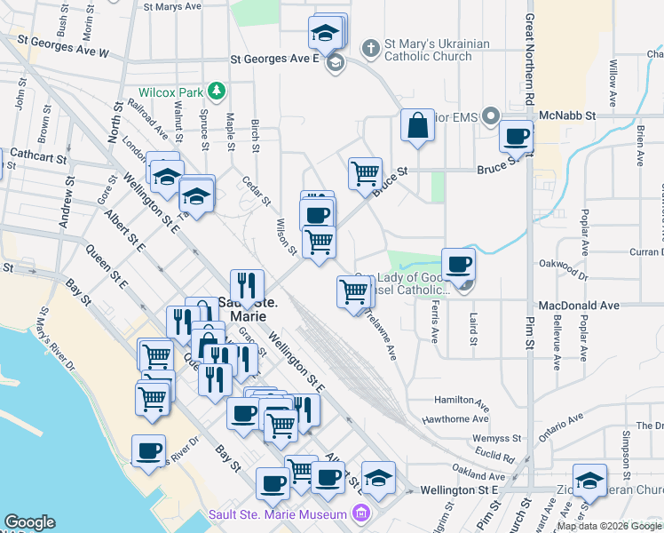 map of restaurants, bars, coffee shops, grocery stores, and more near 129 Grosvenor Avenue in Sault Ste. Marie