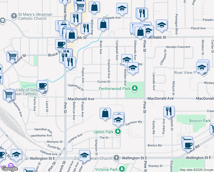 map of restaurants, bars, coffee shops, grocery stores, and more near 35 Crawford Avenue in Sault Ste. Marie