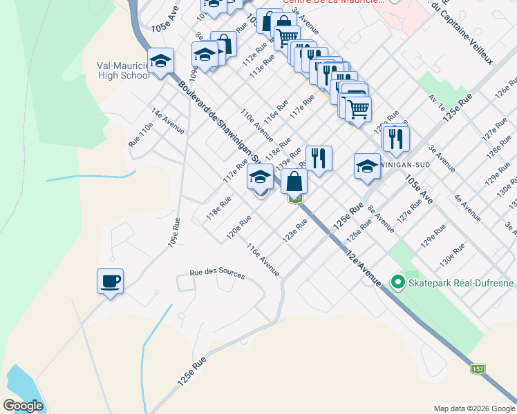 map of restaurants, bars, coffee shops, grocery stores, and more near 1375 120e Rue in Shawinigan