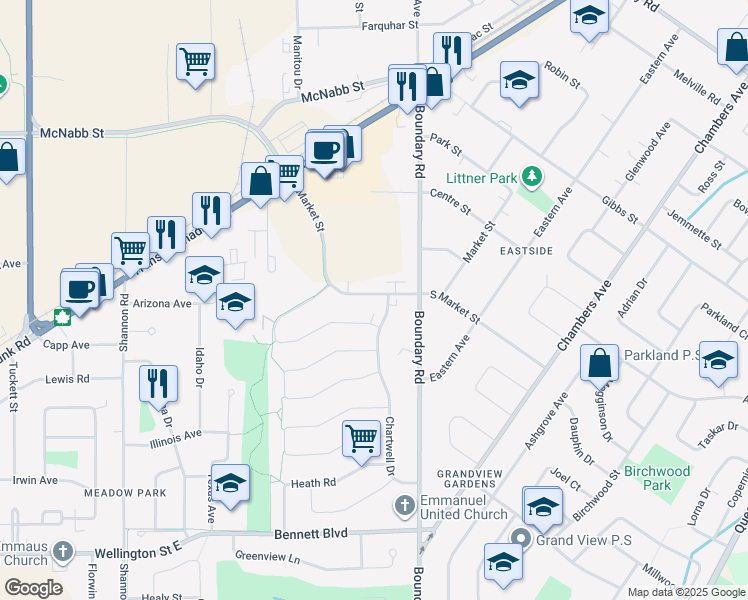 map of restaurants, bars, coffee shops, grocery stores, and more near 175 South Market Street in Sault Ste. Marie