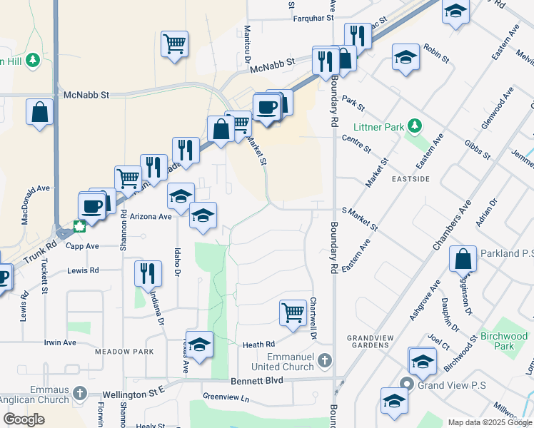 map of restaurants, bars, coffee shops, grocery stores, and more near 154 Cambridge Place in Sault Ste. Marie