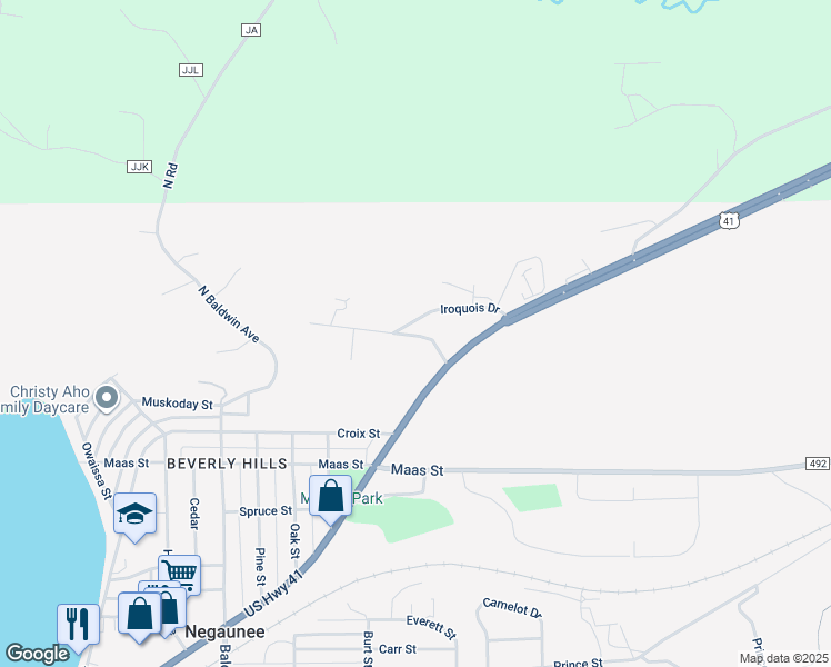 map of restaurants, bars, coffee shops, grocery stores, and more near 101-145 Chippewa Drive in Negaunee