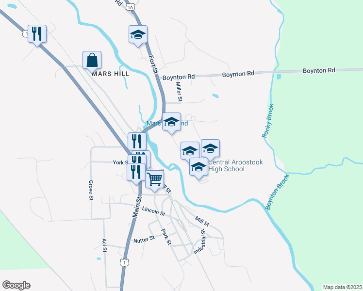 map of restaurants, bars, coffee shops, grocery stores, and more near 16 Pleasant Street in Mars Hill