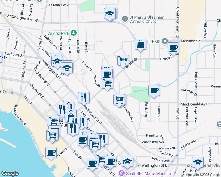 map of restaurants, bars, coffee shops, grocery stores, and more near 113 Grosvenor Avenue in Sault Ste. Marie