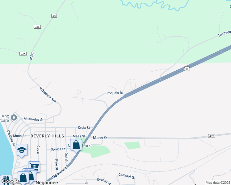 map of restaurants, bars, coffee shops, grocery stores, and more near 100 Sioux Court in Negaunee