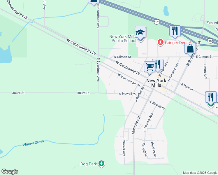 map of restaurants, bars, coffee shops, grocery stores, and more near 110 Pleasant Lane in New York Mills