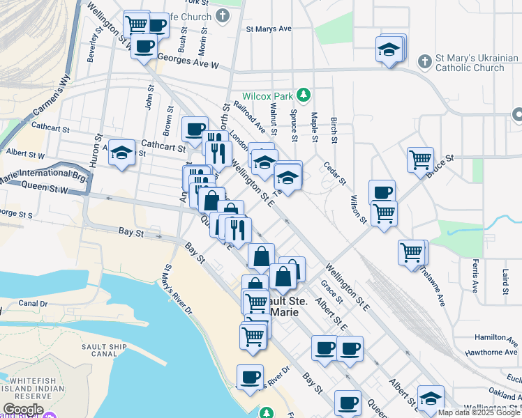 map of restaurants, bars, coffee shops, grocery stores, and more near 175 Tancred Street in Sault Ste. Marie
