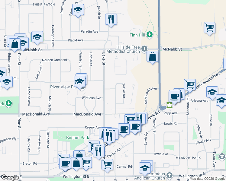map of restaurants, bars, coffee shops, grocery stores, and more near 49 Kingsmount Boulevard in Sault Ste. Marie