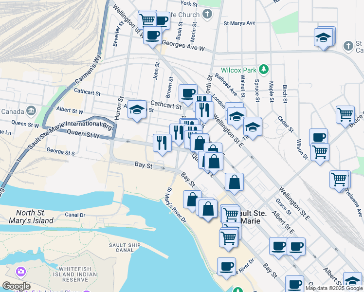 map of restaurants, bars, coffee shops, grocery stores, and more near 24 Queen Street West in Sault Ste. Marie