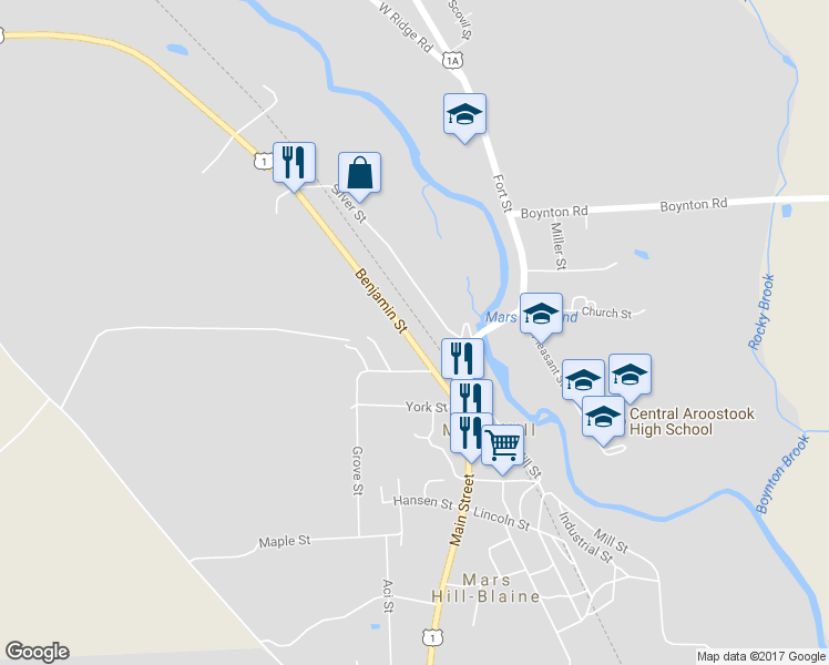 map of restaurants, bars, coffee shops, grocery stores, and more near 27 Benjamin Street in Mars Hill