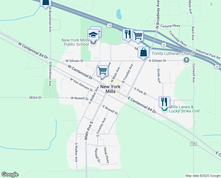 map of restaurants, bars, coffee shops, grocery stores, and more near in New York Mills