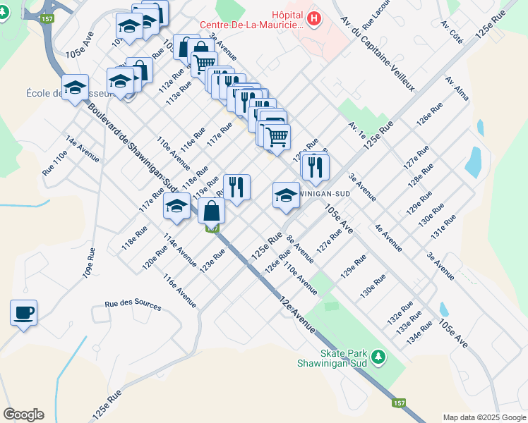 map of restaurants, bars, coffee shops, grocery stores, and more near 123e Rue in Shawinigan