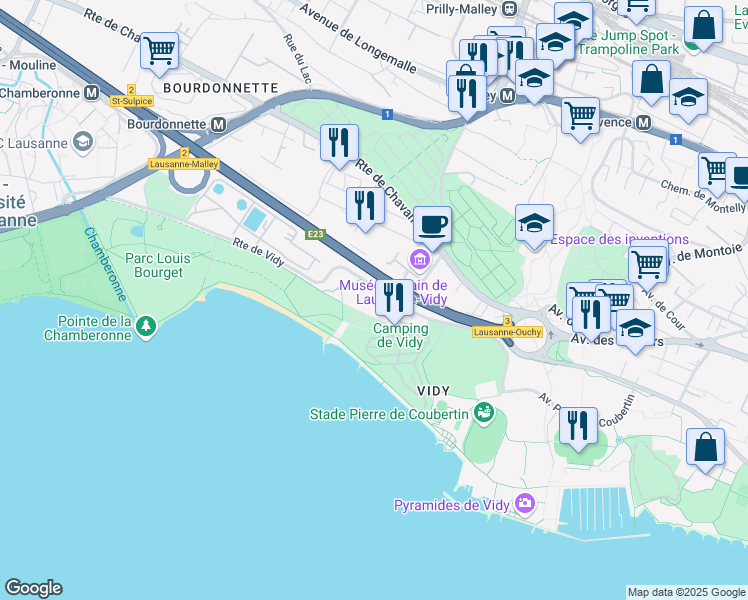 map of restaurants, bars, coffee shops, grocery stores, and more near 9 Route de Vidy in Lausanne