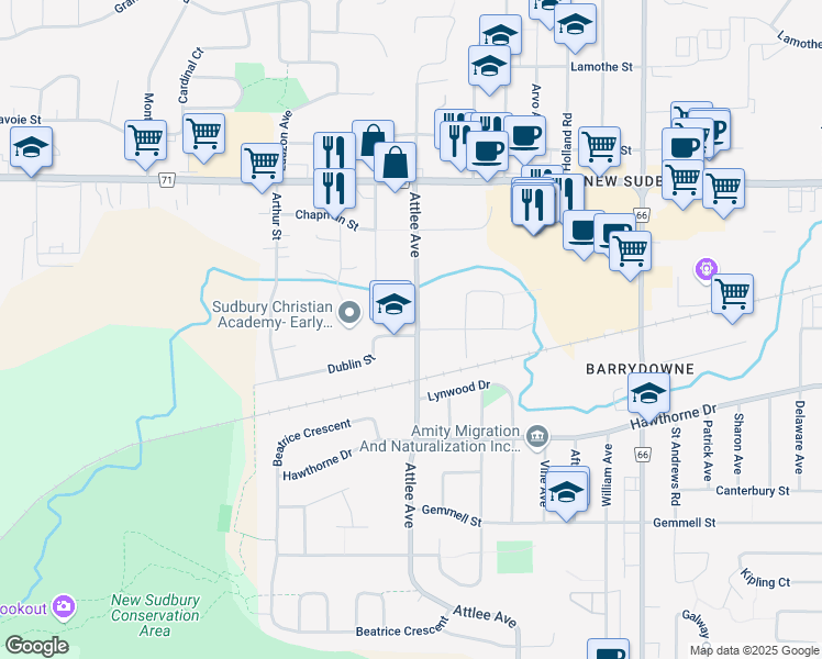 map of restaurants, bars, coffee shops, grocery stores, and more near 1116 Dublin Street in Greater Sudbury