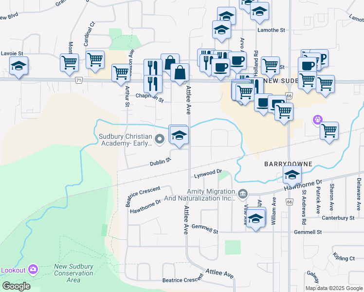 map of restaurants, bars, coffee shops, grocery stores, and more near 1116 Dublin Street in Greater Sudbury