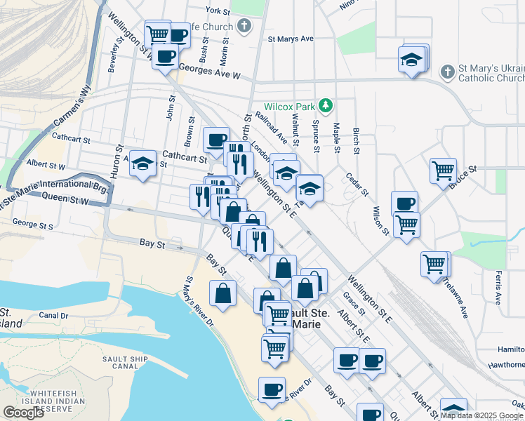 map of restaurants, bars, coffee shops, grocery stores, and more near 14 Abbott Street in Sault Ste. Marie