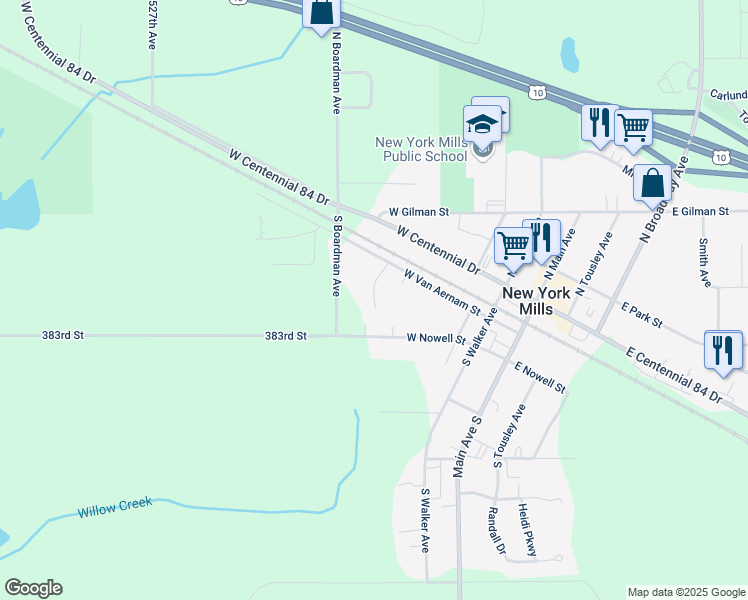 map of restaurants, bars, coffee shops, grocery stores, and more near 110 Pleasant Lane in New York Mills