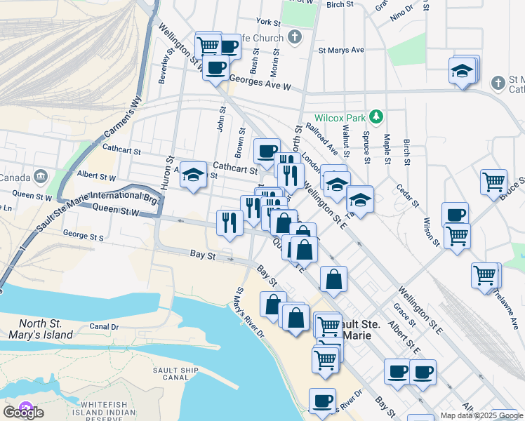 map of restaurants, bars, coffee shops, grocery stores, and more near 24 Queen Street West in Sault Ste. Marie