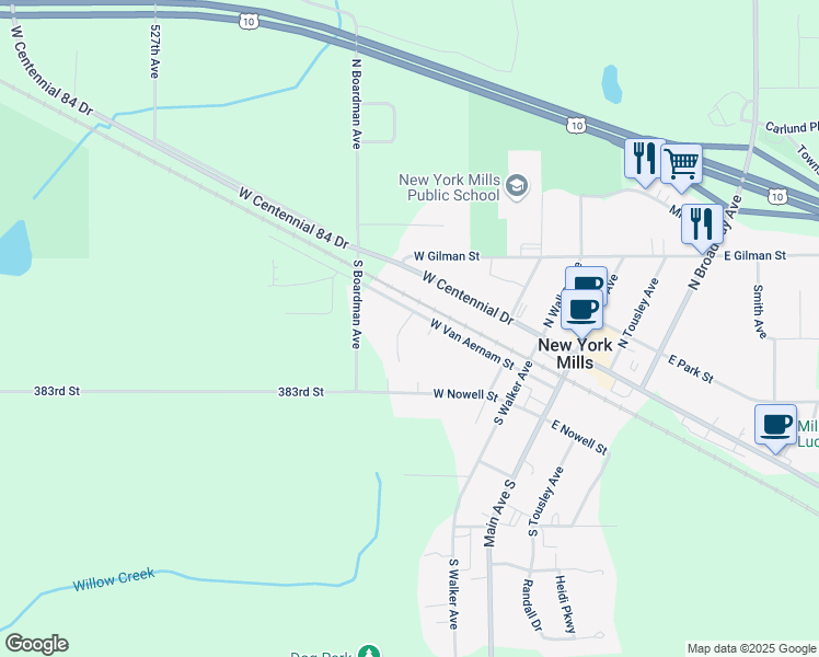 map of restaurants, bars, coffee shops, grocery stores, and more near 303 West Van Aernam Street in New York Mills