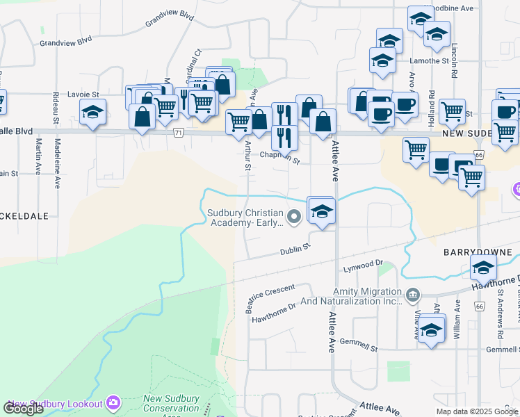 map of restaurants, bars, coffee shops, grocery stores, and more near 1030 Arthur Street in Greater Sudbury