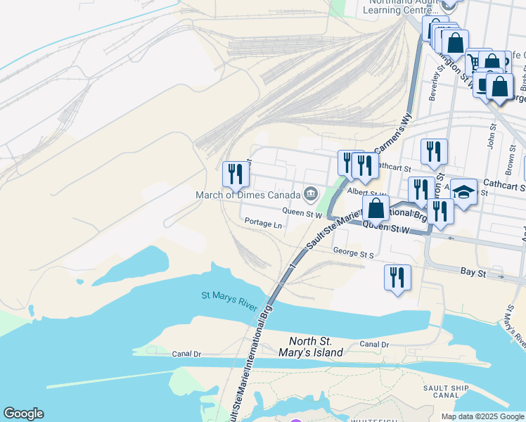 map of restaurants, bars, coffee shops, grocery stores, and more near 651 Queen Street West in Sault Ste. Marie
