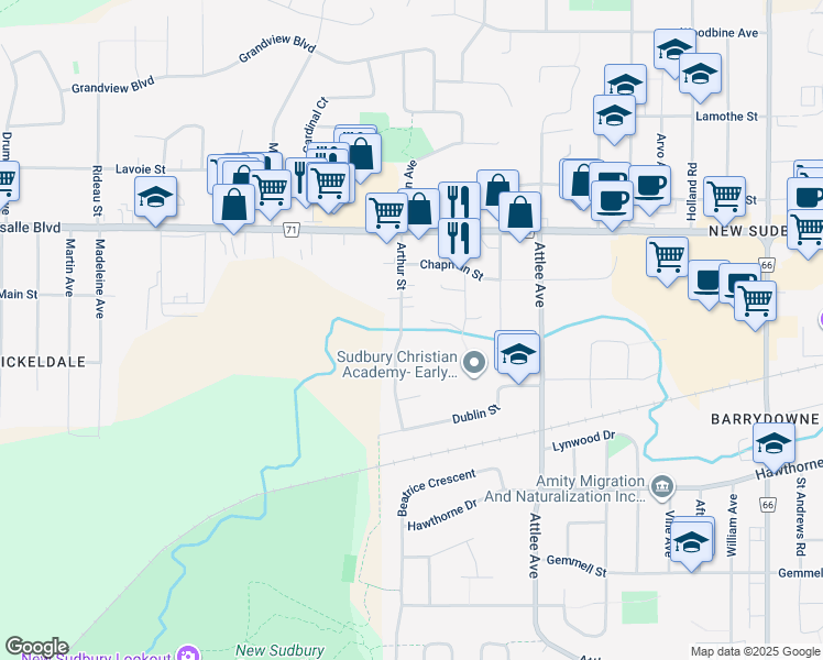 map of restaurants, bars, coffee shops, grocery stores, and more near 1030 Arthur Street in Greater Sudbury