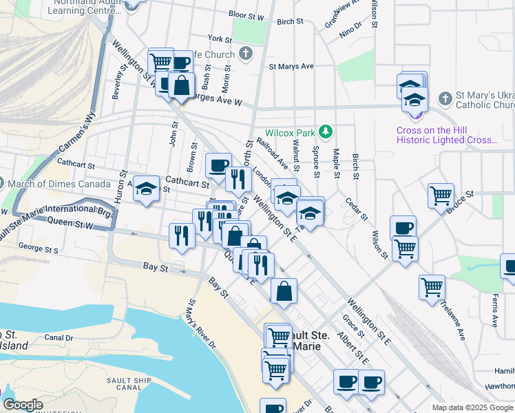 map of restaurants, bars, coffee shops, grocery stores, and more near 19 Wellington Street East in Sault Ste. Marie