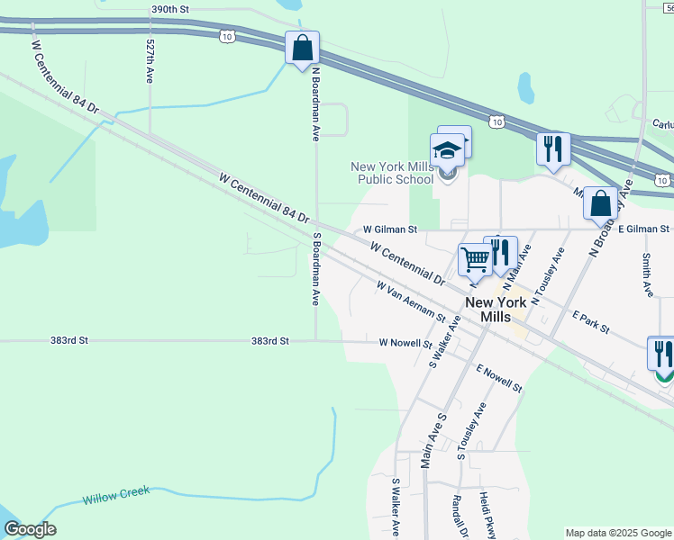 map of restaurants, bars, coffee shops, grocery stores, and more near 303 West Van Aernam Street in New York Mills
