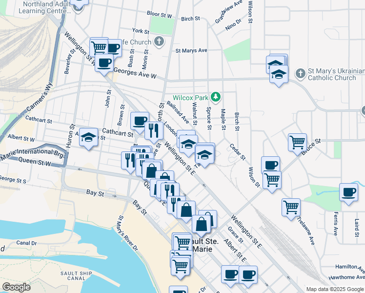 map of restaurants, bars, coffee shops, grocery stores, and more near 75 London Street in Sault Ste. Marie