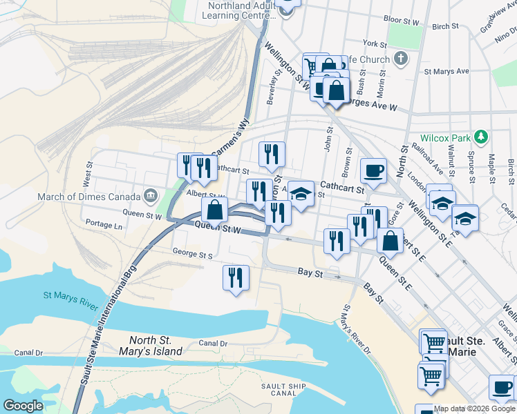 map of restaurants, bars, coffee shops, grocery stores, and more near 319 Albert Street West in Sault Ste. Marie