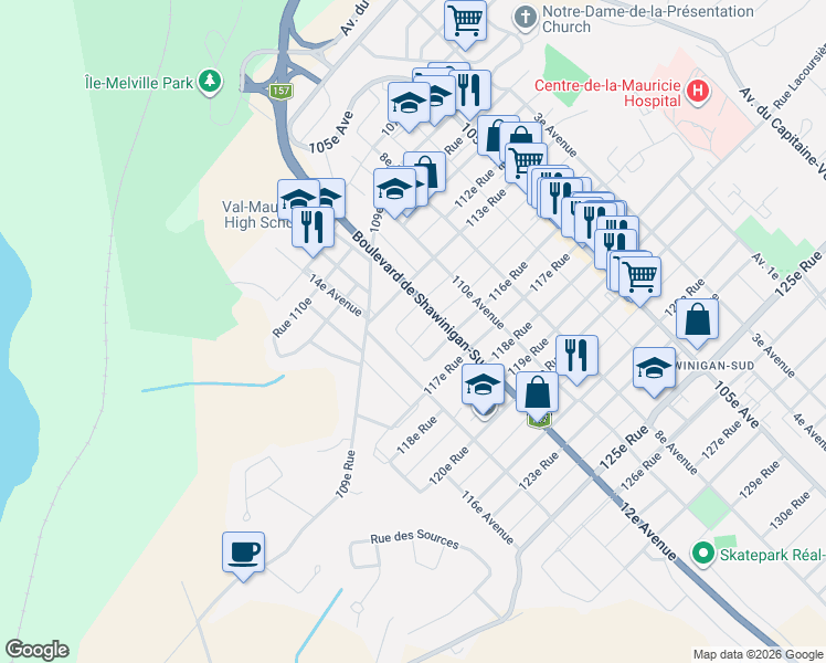 map of restaurants, bars, coffee shops, grocery stores, and more near 1290 115e Rue in Shawinigan
