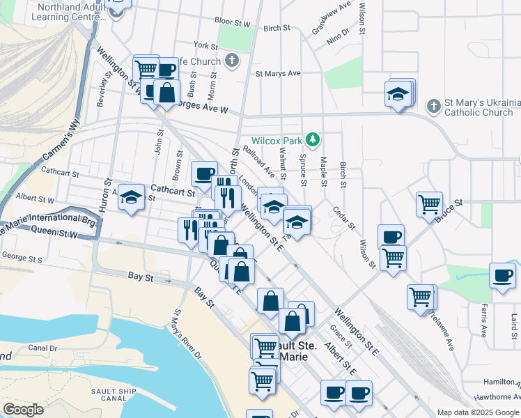 map of restaurants, bars, coffee shops, grocery stores, and more near 75 London Street in Sault Ste. Marie