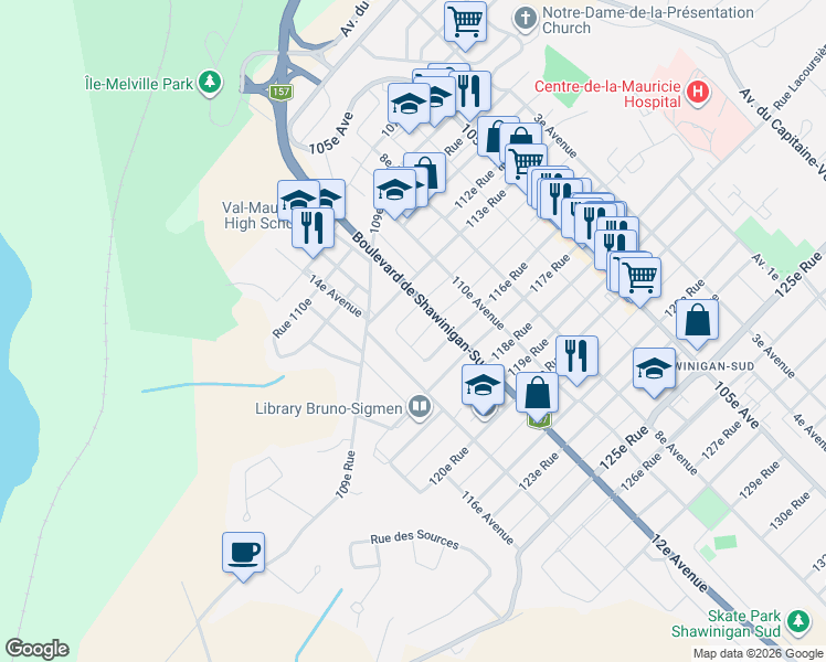 map of restaurants, bars, coffee shops, grocery stores, and more near 1290 115e Rue in Shawinigan