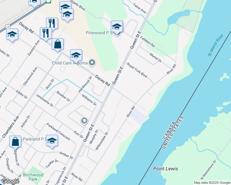 map of restaurants, bars, coffee shops, grocery stores, and more near 79 Dacey Road in Sault Ste. Marie