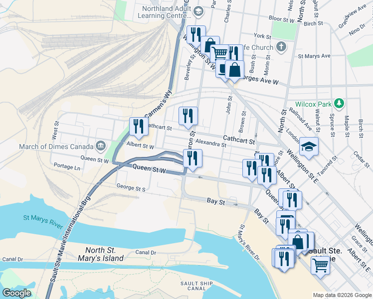 map of restaurants, bars, coffee shops, grocery stores, and more near 319 Albert Street West in Sault Ste. Marie
