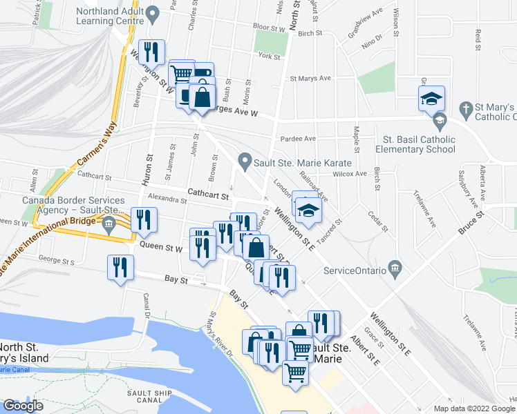 map of restaurants, bars, coffee shops, grocery stores, and more near 21 Cathcart Street in Sault Ste. Marie