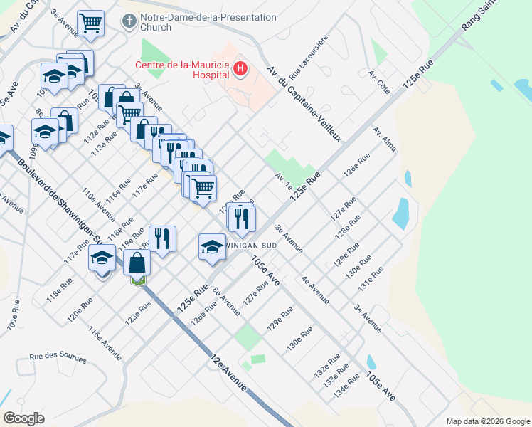 map of restaurants, bars, coffee shops, grocery stores, and more near 2455 103e Avenue in Shawinigan