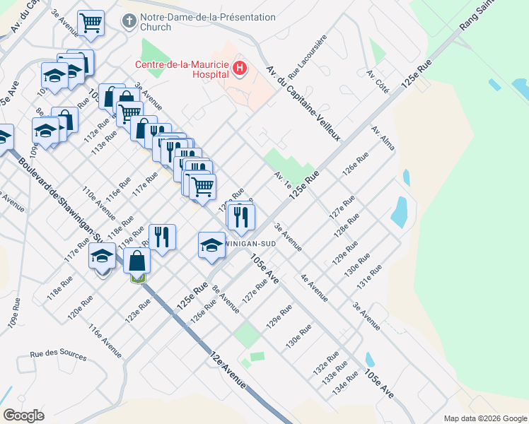 map of restaurants, bars, coffee shops, grocery stores, and more near 2455 103e Avenue in Shawinigan