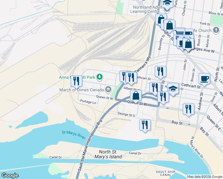 map of restaurants, bars, coffee shops, grocery stores, and more near 555 Albert Street West in Sault Ste. Marie