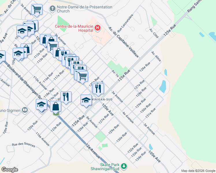 map of restaurants, bars, coffee shops, grocery stores, and more near 2455 103e Avenue in Shawinigan