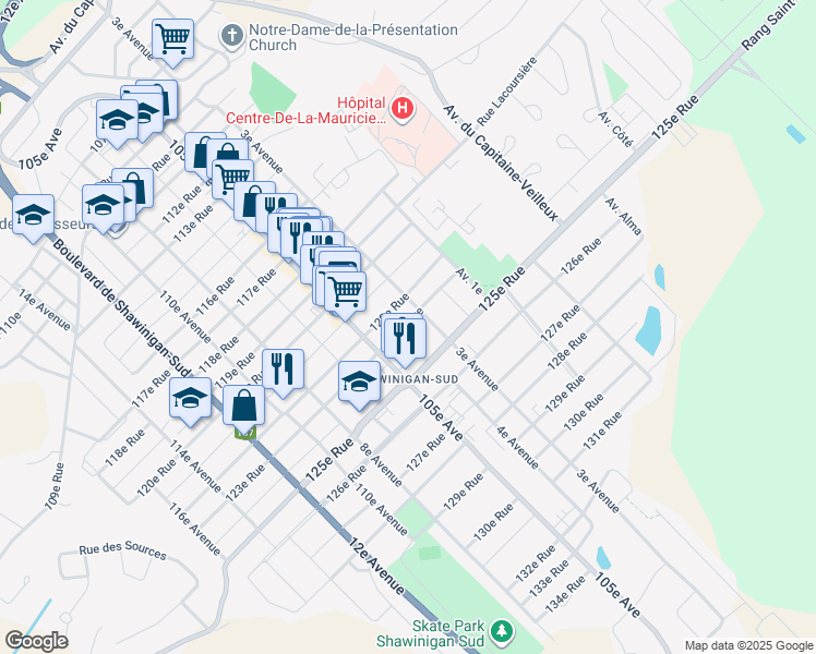 map of restaurants, bars, coffee shops, grocery stores, and more near 355 123e Rue in Shawinigan