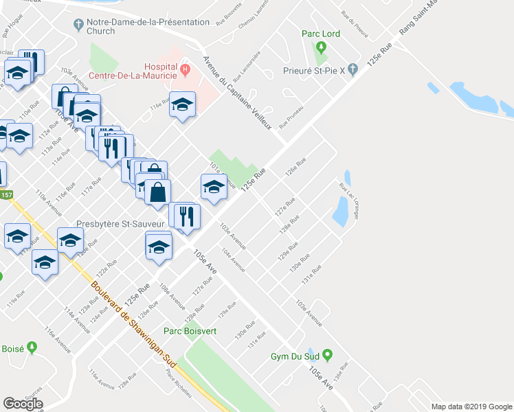 map of restaurants, bars, coffee shops, grocery stores, and more near 255 126e Rue in Shawinigan
