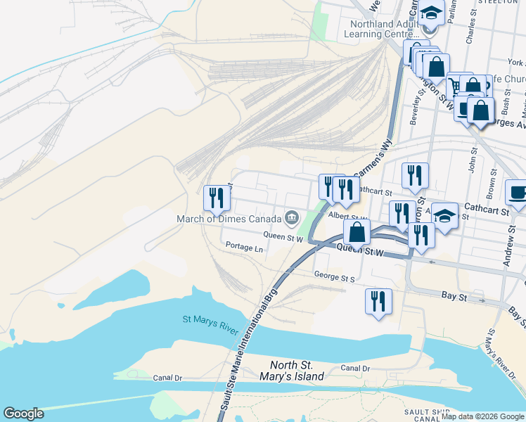 map of restaurants, bars, coffee shops, grocery stores, and more near 615 Albert Street West in Sault Ste. Marie