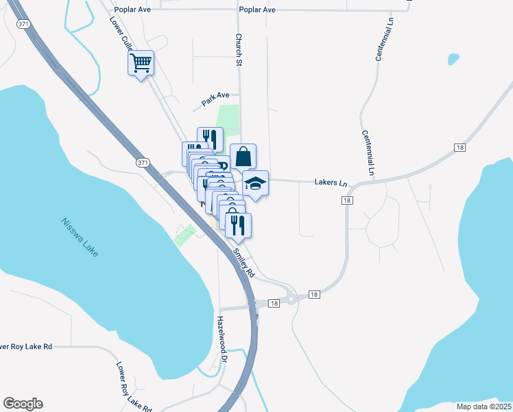 map of restaurants, bars, coffee shops, grocery stores, and more near 5533 County Road 18 in Nisswa