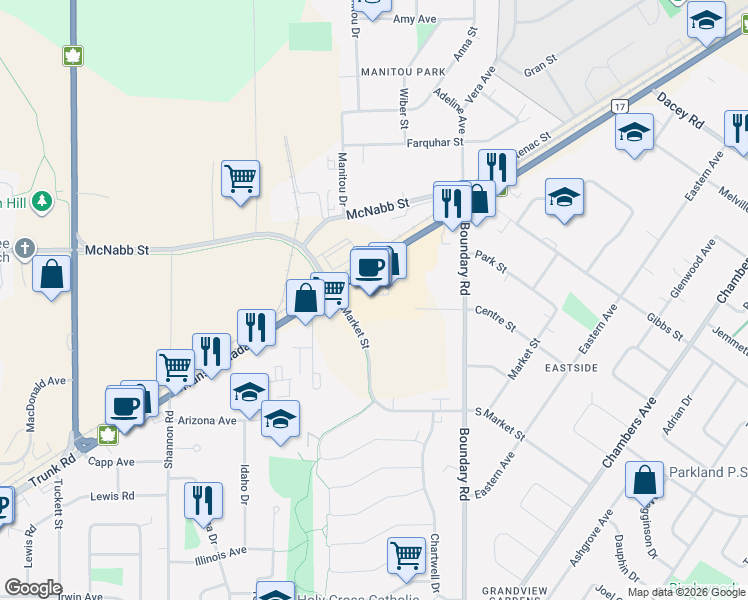 map of restaurants, bars, coffee shops, grocery stores, and more near 625 Trunk Road in Sault Ste. Marie