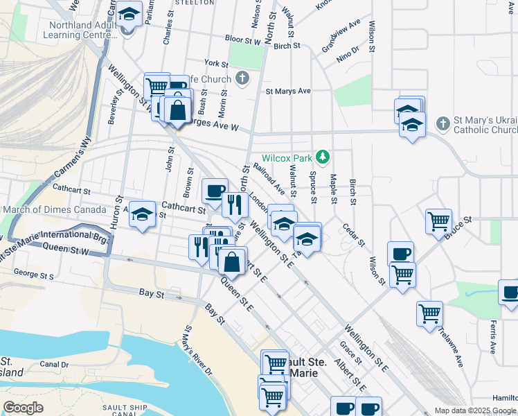 map of restaurants, bars, coffee shops, grocery stores, and more near 41 London Street in Sault Ste. Marie
