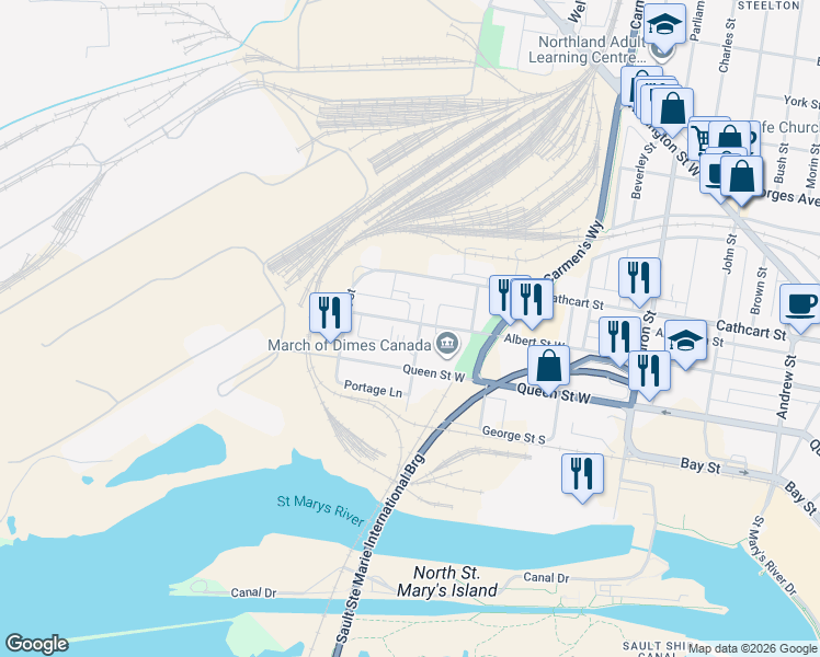 map of restaurants, bars, coffee shops, grocery stores, and more near 615 Albert Street West in Sault Ste. Marie