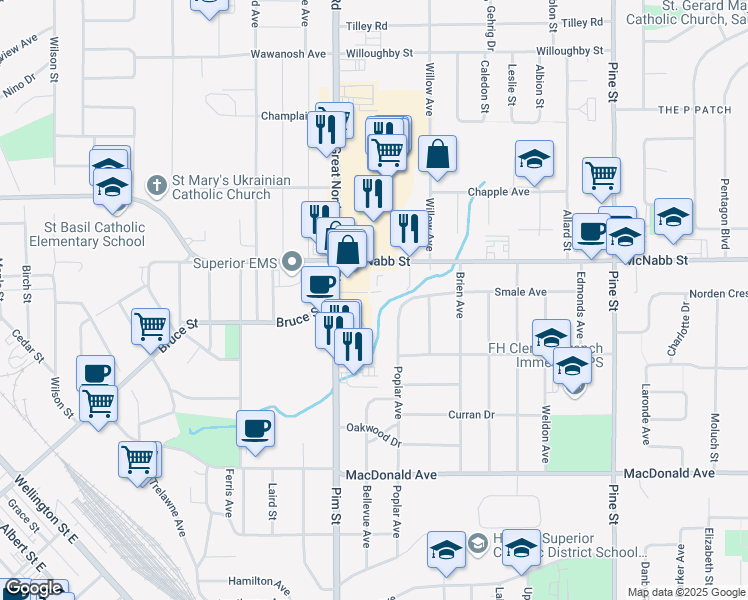 map of restaurants, bars, coffee shops, grocery stores, and more near 21 Herbert Street in Sault Ste. Marie